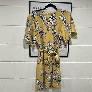 Yellow tie waist dress flutter sleeve